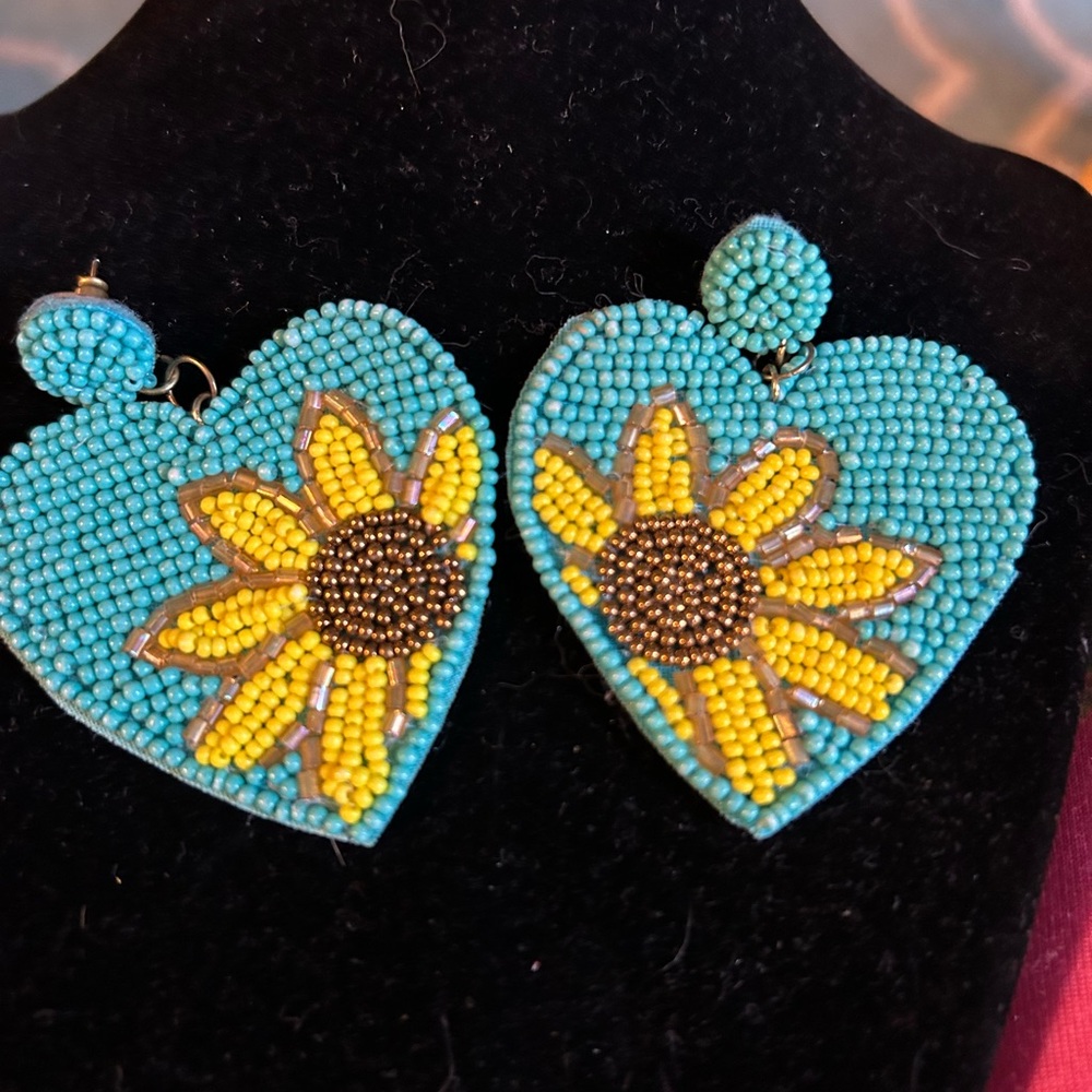 Sunflower Beaded Heart Earrings